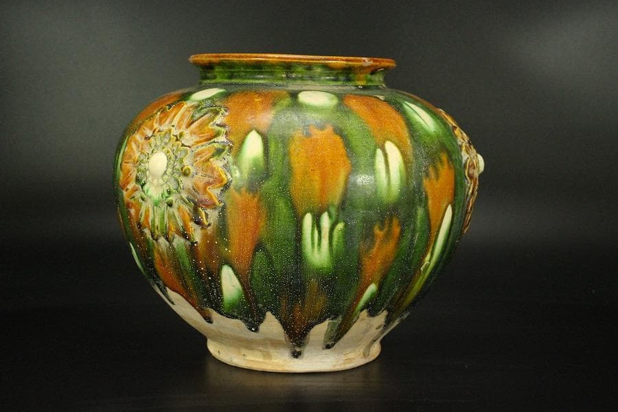 中国美術 唐三彩 丸壷 φ23.2cm(LC239)