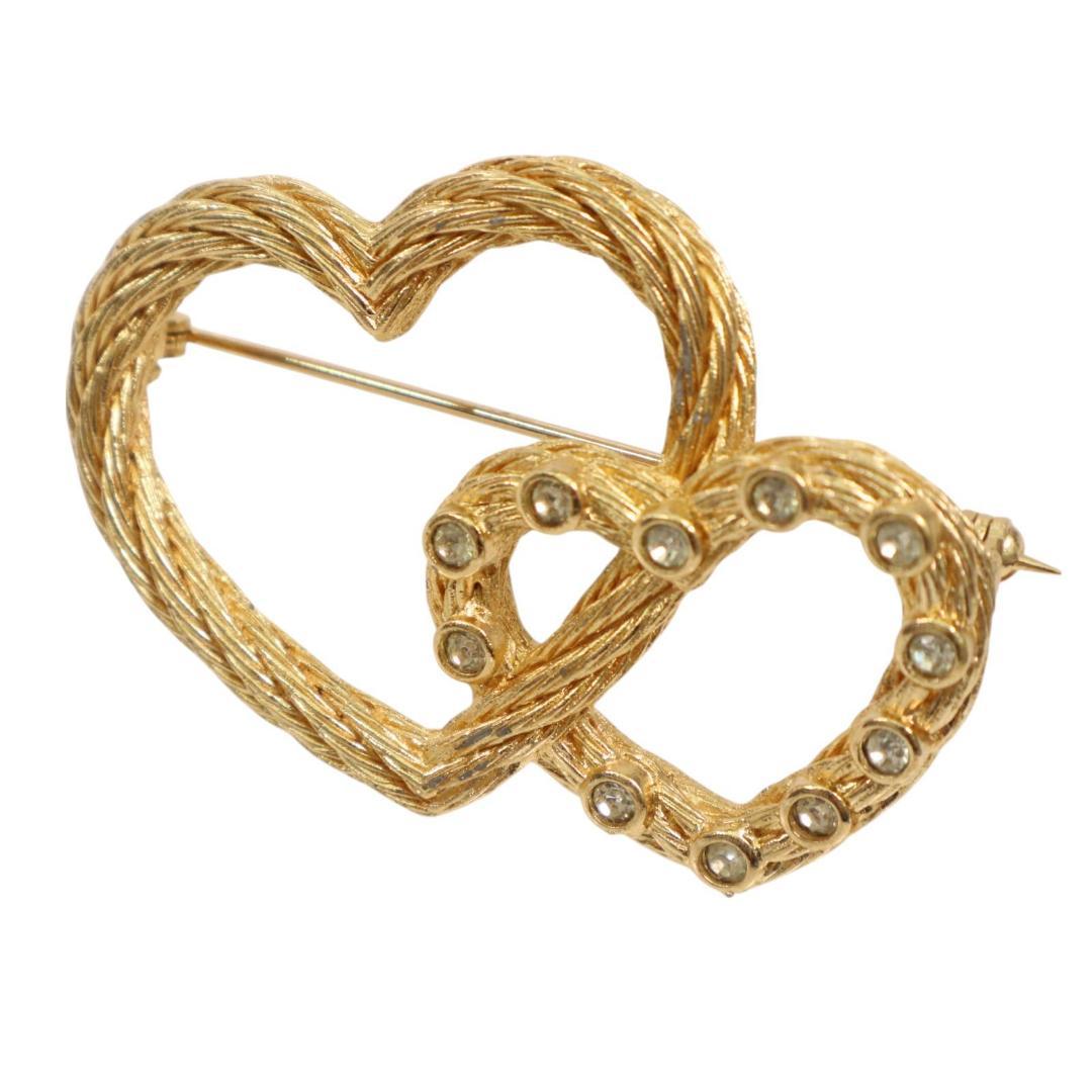 クリスチャンディオール　ダブルハート　ブローチ ゴールド　ラインストーン