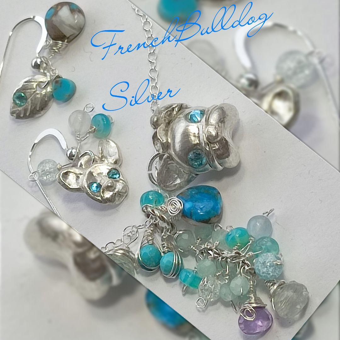 純銀 『フレンチブルドック　スリーピングビューティーターコイズネックレス』