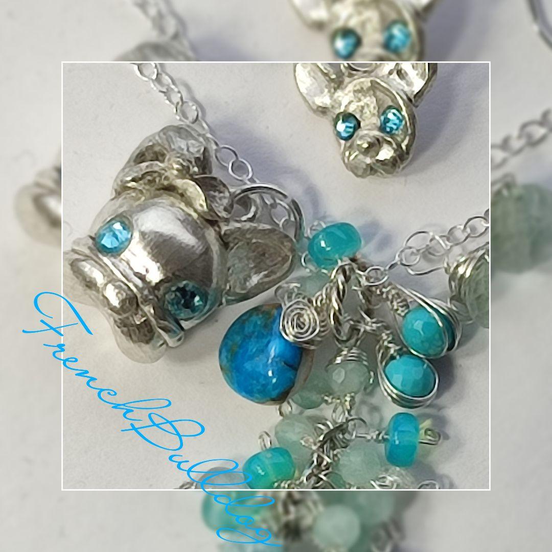 純銀 『フレンチブルドック　スリーピングビューティーターコイズネックレス』