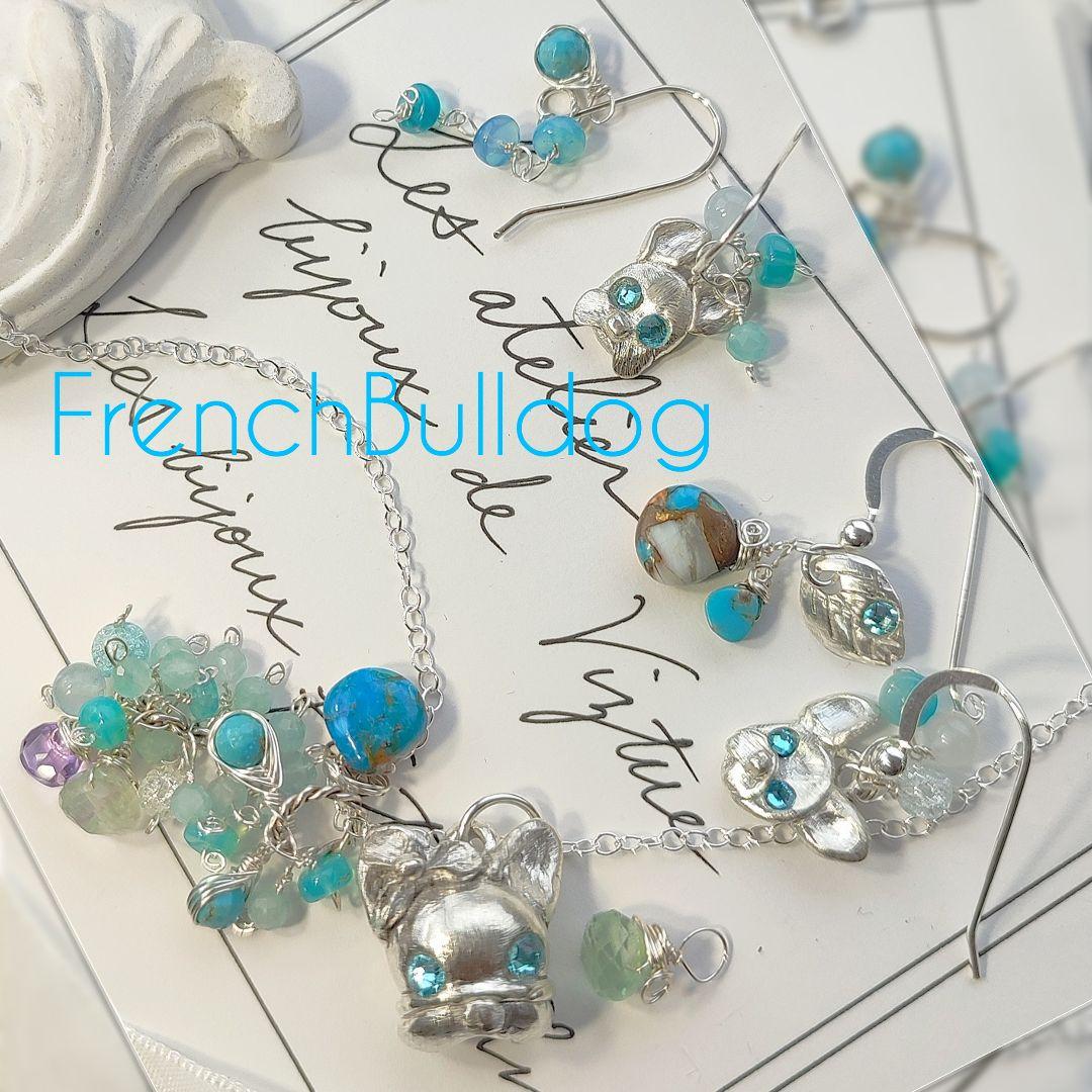 純銀 『フレンチブルドック　スリーピングビューティーターコイズネックレス』