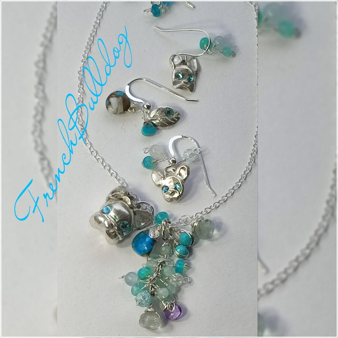 純銀 『フレンチブルドック　スリーピングビューティーターコイズネックレス』