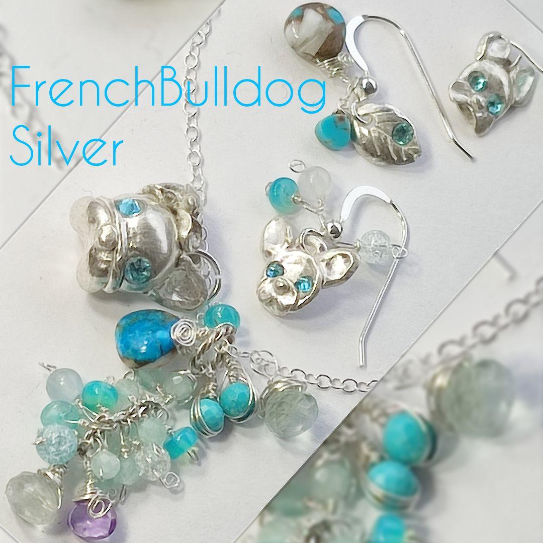 純銀 『フレンチブルドック　スリーピングビューティーターコイズネックレス』