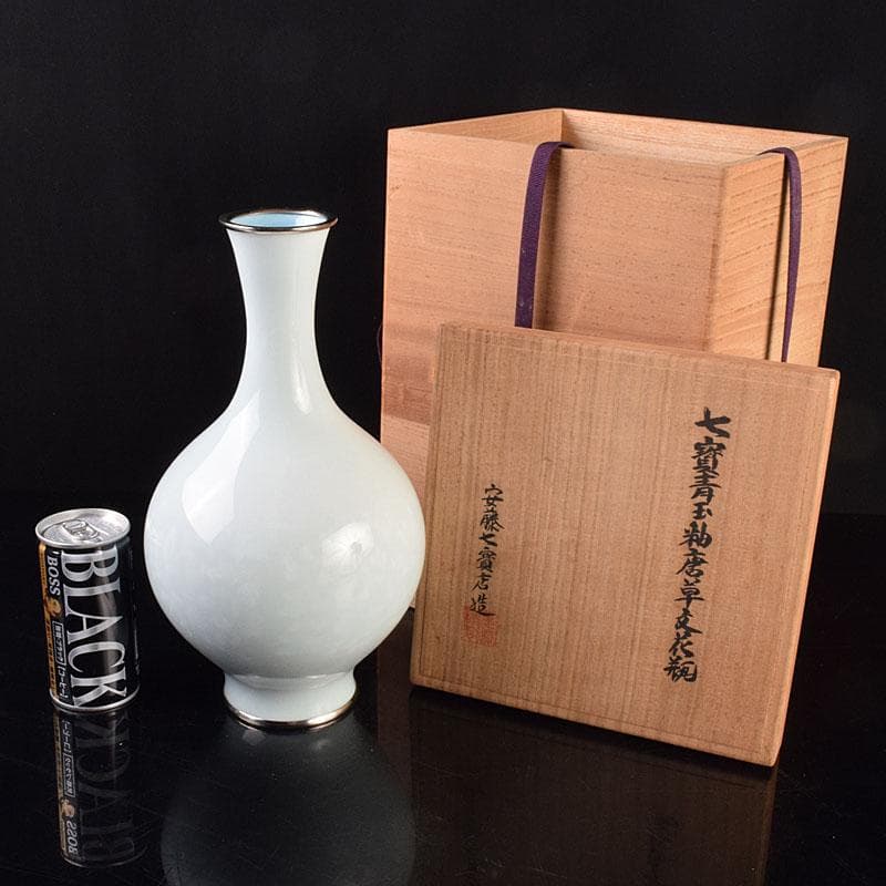 七宝焼　安藤七宝店造　青玉釉　唐草文　花瓶　共箱　D　R9181H