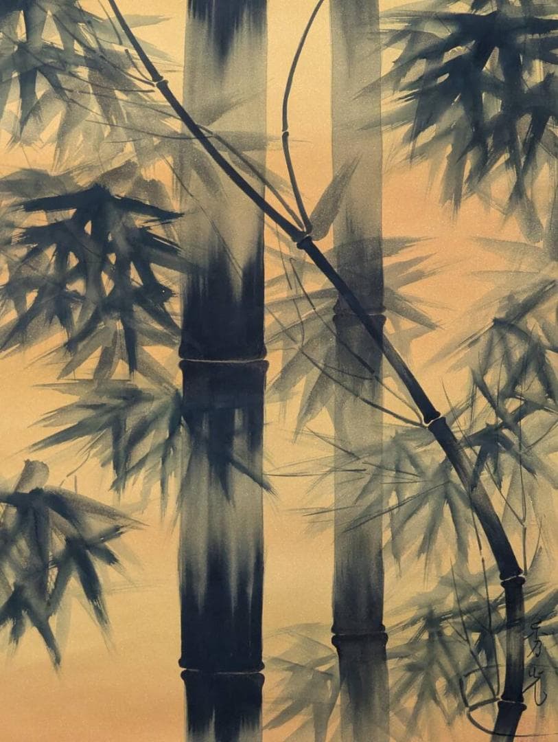 【真作】掛軸　吉田秀光　竹雀　華やぎの和風掛け軸　伝統美　共箱入　S110