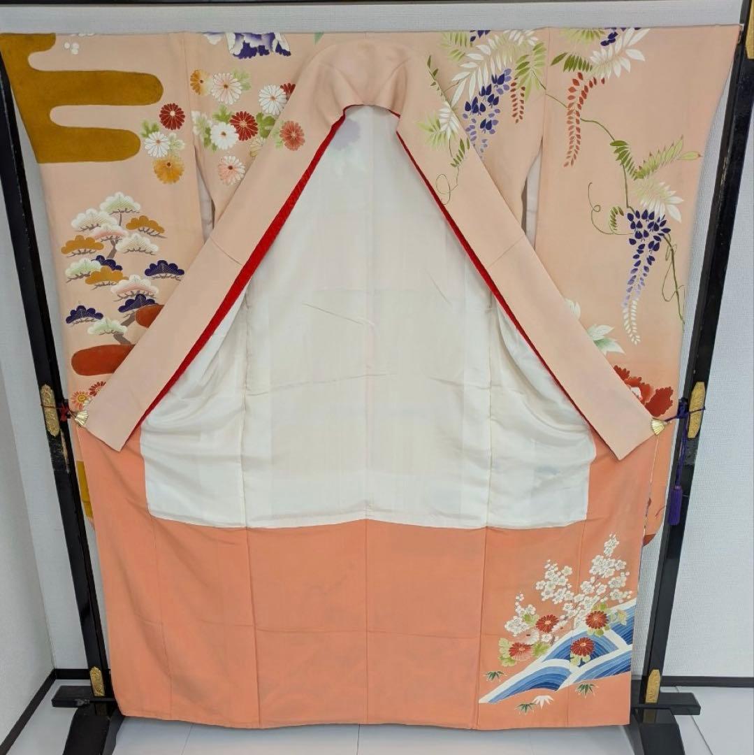 は*ー様 振袖 裄67 作家物 セミアンティーク 一つ紋 青海波に花柄金彩正絹T