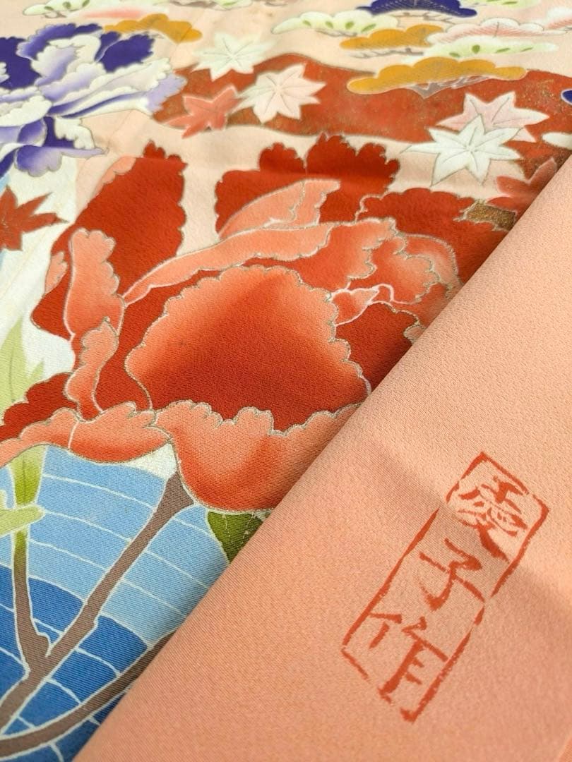 は*ー様 振袖 裄67 作家物 セミアンティーク 一つ紋 青海波に花柄金彩正絹T