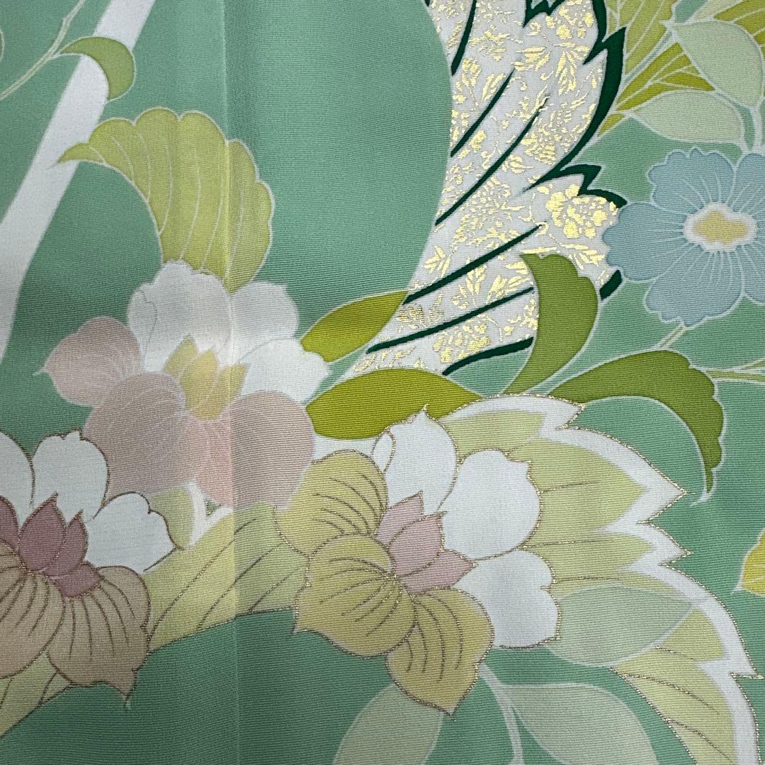 千總 京友禅 華文 グリーン系 刺繍 振袖