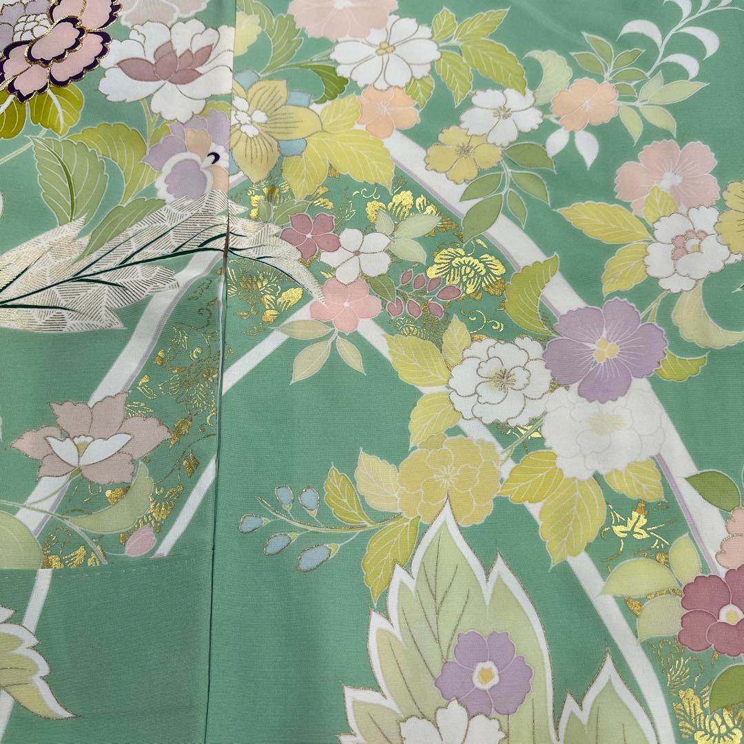 千總 京友禅 華文 グリーン系 刺繍 振袖