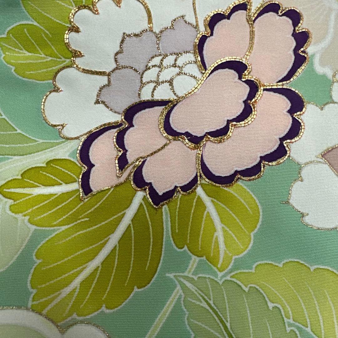 千總 京友禅 華文 グリーン系 刺繍 振袖