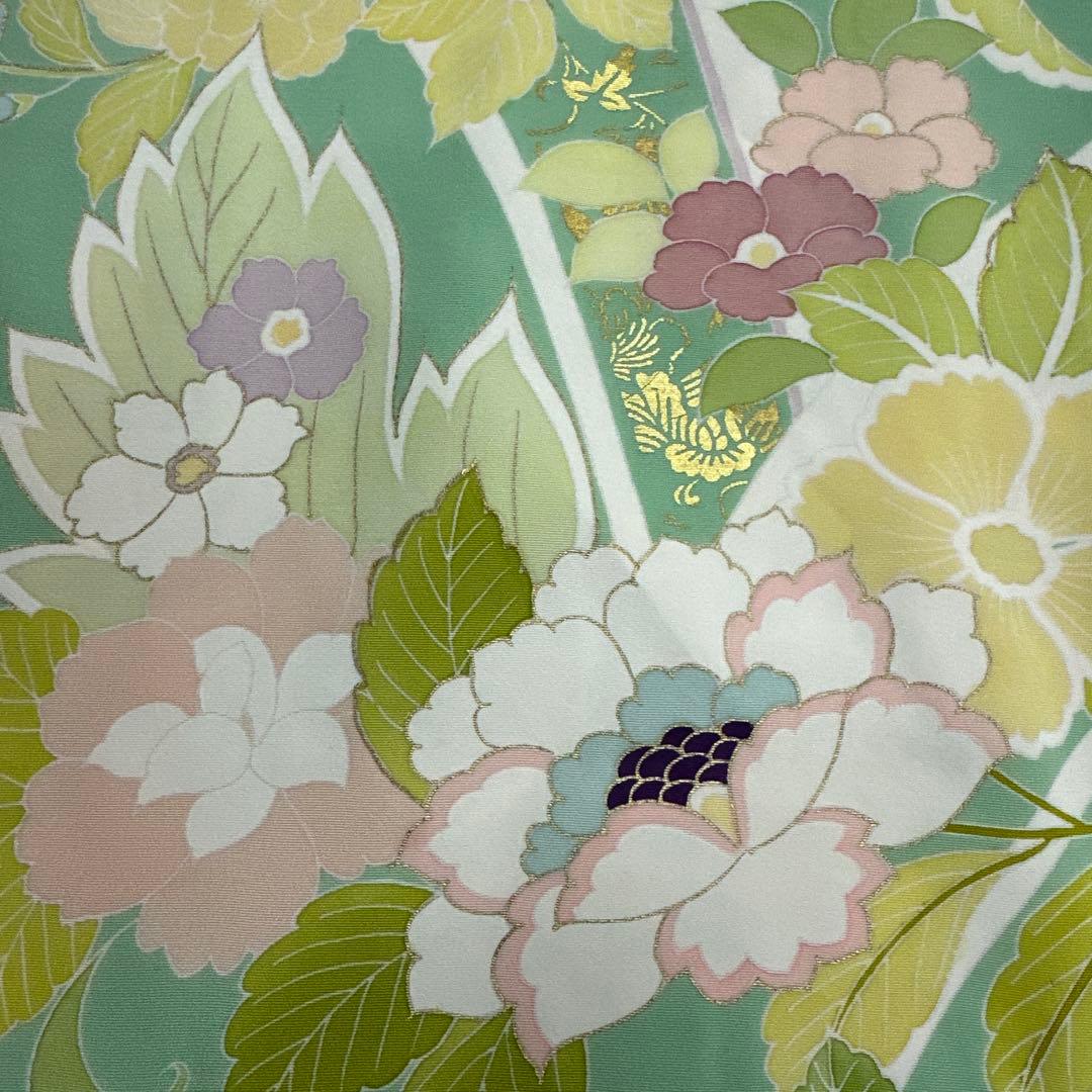千總 京友禅 華文 グリーン系 刺繍 振袖