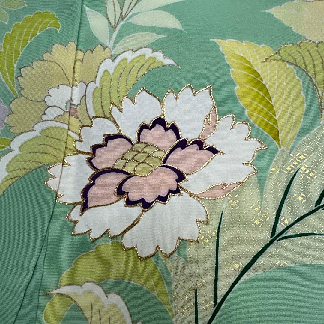 千總 京友禅 華文 グリーン系 刺繍 振袖