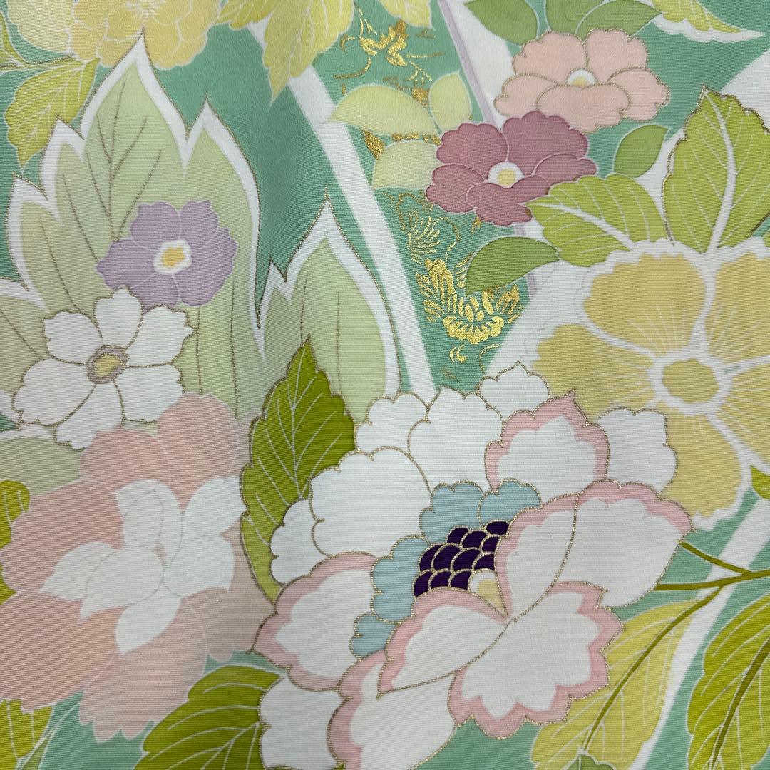 千總 京友禅 華文 グリーン系 刺繍 振袖