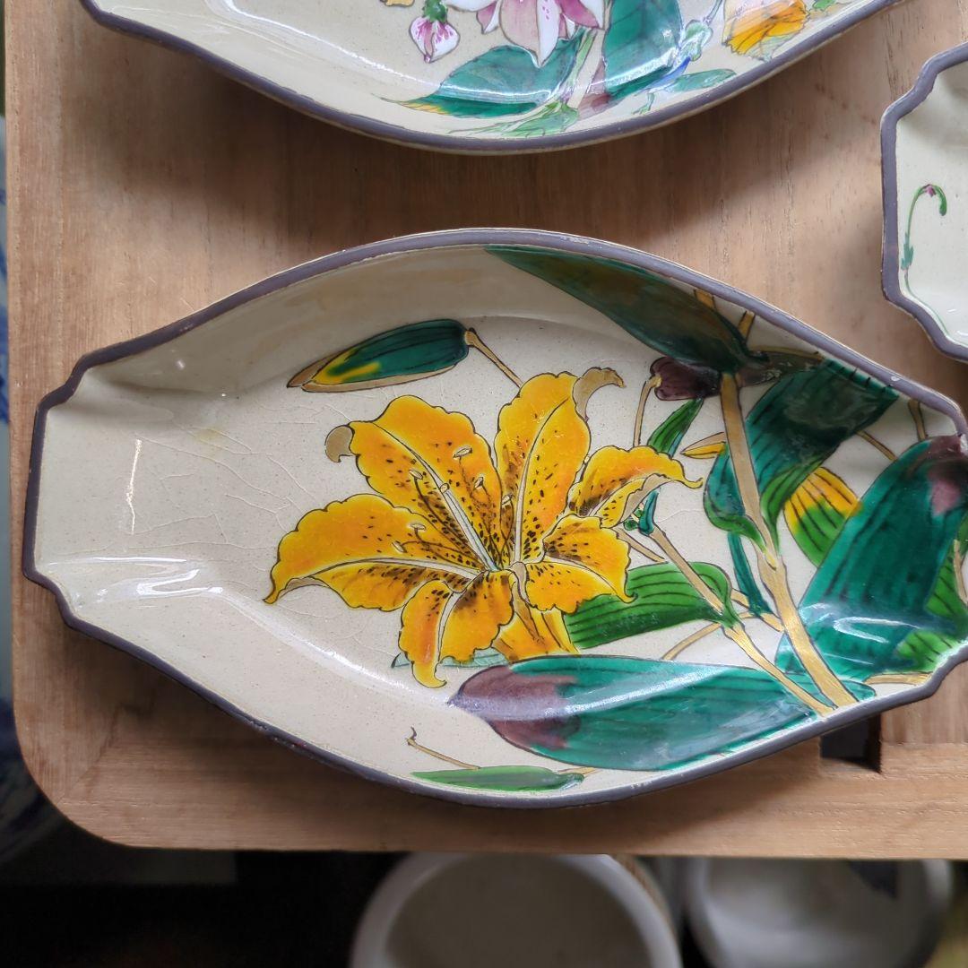 骨董 九谷焼 舟形 図変わり 色絵 花尽くし 向付 器 皿 5枚 変形皿