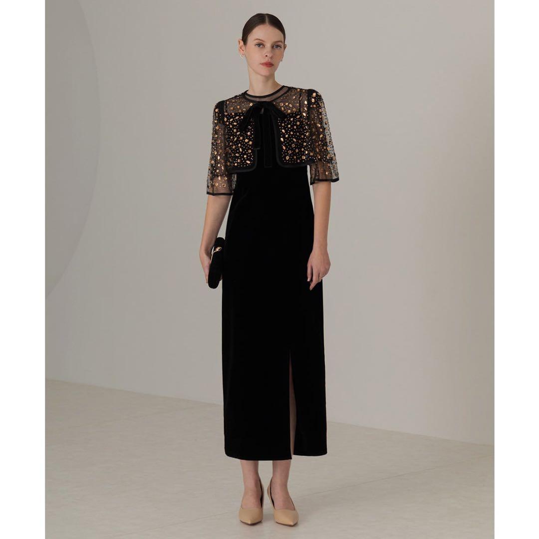 Leja ビジューストーンボレロベロアスリットIラインドレスワンピース