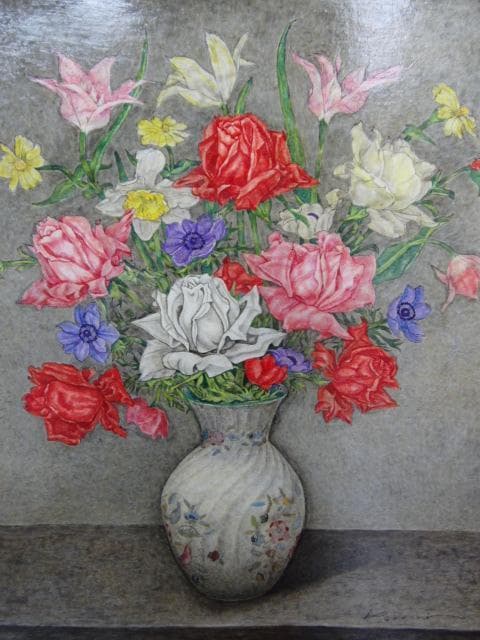 服部和三郎、薔薇とアネモネ 水仙 チューリップ、F10号、真作油絵、新品油彩額付