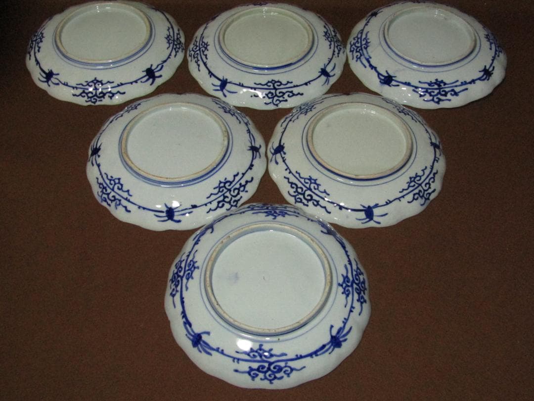 【染付　線描き花文・麒麟図　七寸皿　六枚　径２１．５cm】古伊万里