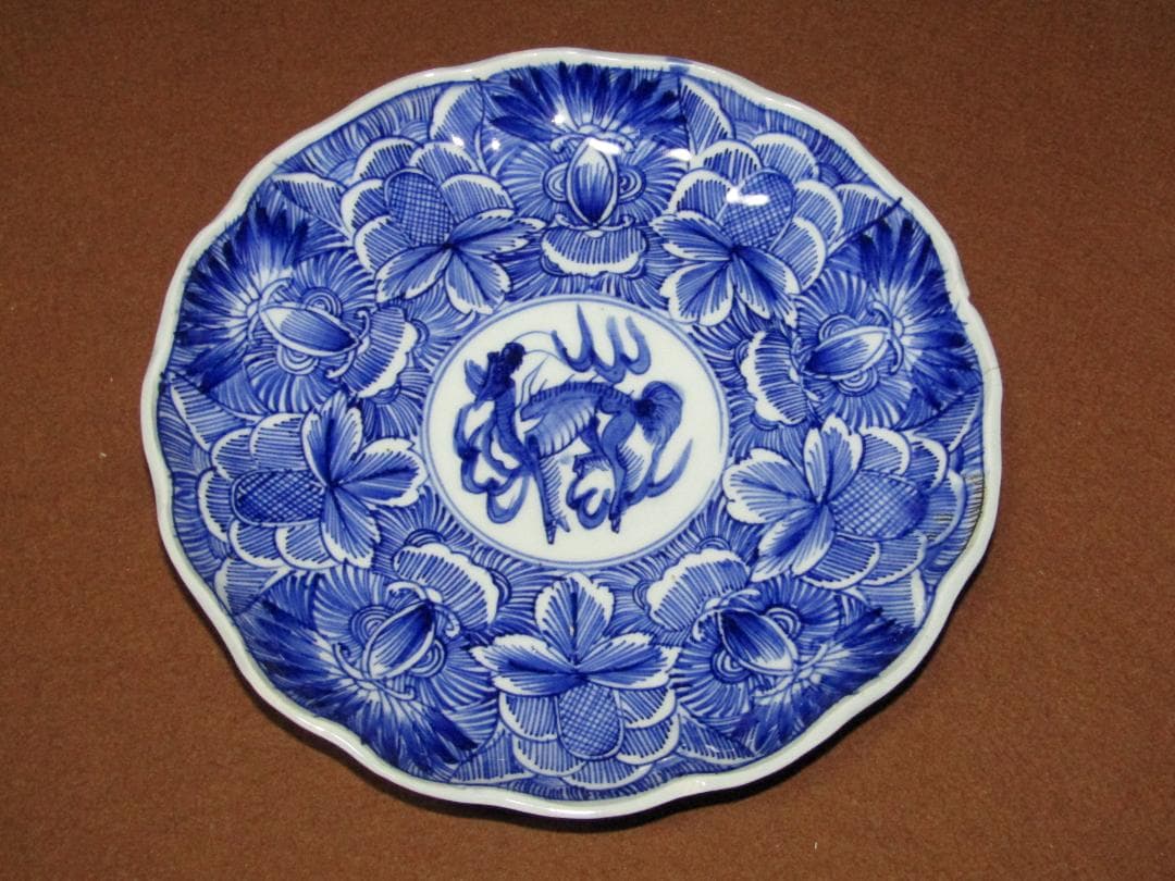 【染付　線描き花文・麒麟図　七寸皿　六枚　径２１．５cm】古伊万里