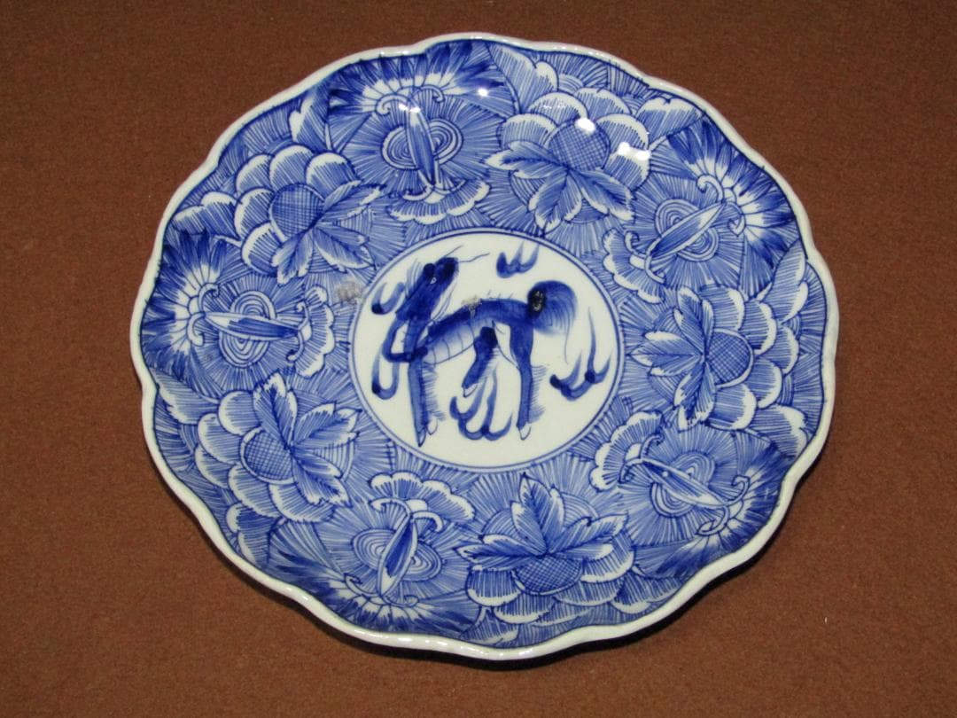 【染付　線描き花文・麒麟図　七寸皿　六枚　径２１．５cm】古伊万里