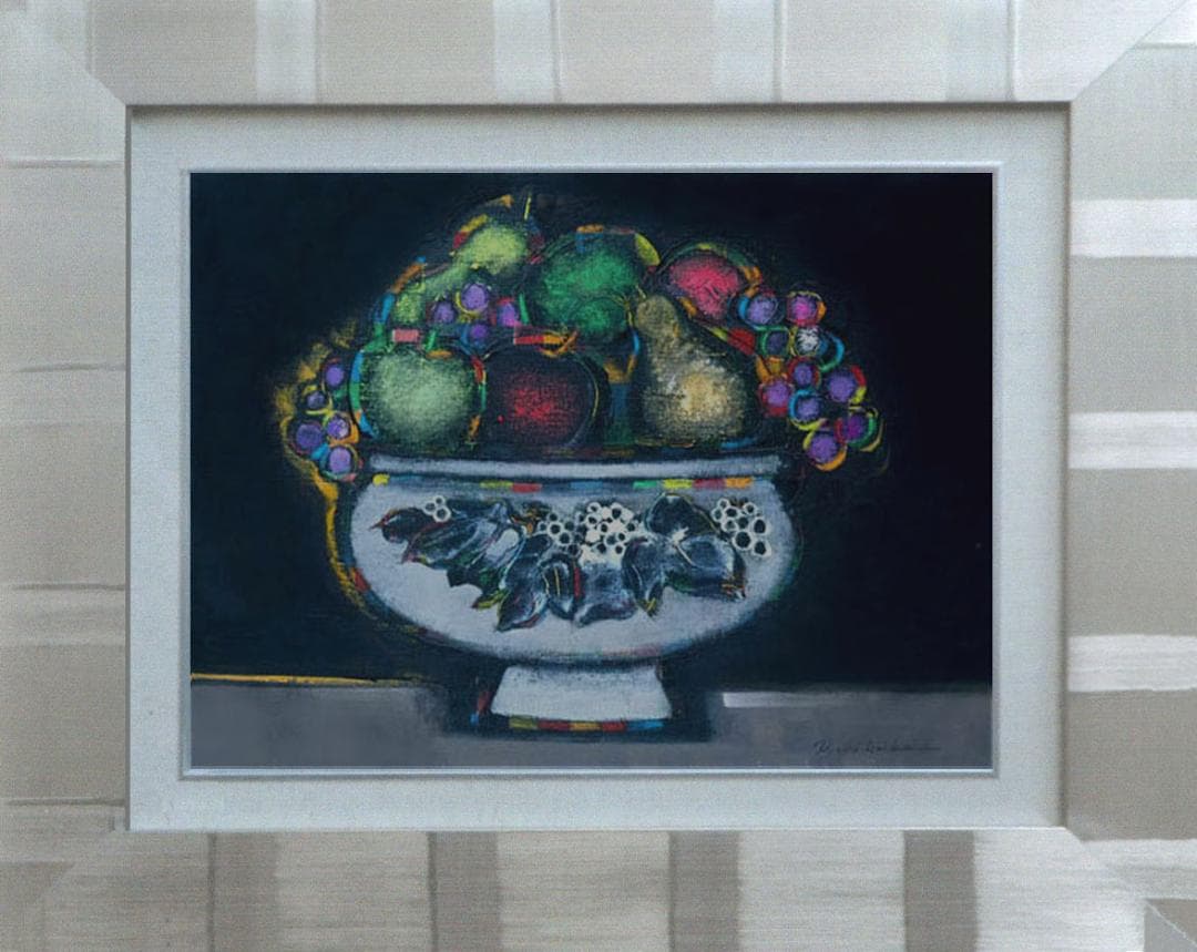 油絵 絵 絵画 インテリア 額付(青緑＋金色の枠uF6-062004 静物果物