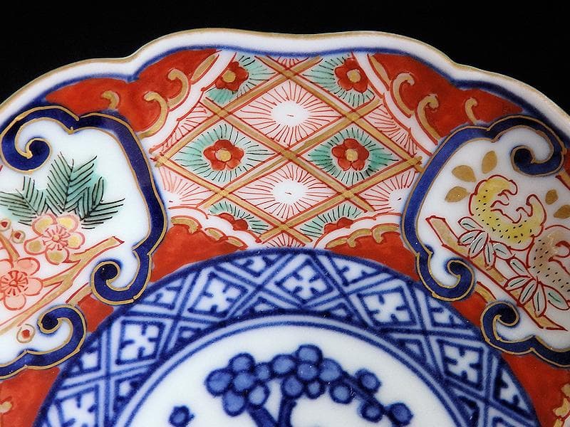 大聖寺伊万里　窓絵　柘榴　松　梅　菊花四方襷紋の図　４寸皿　５枚　AS-fbjf