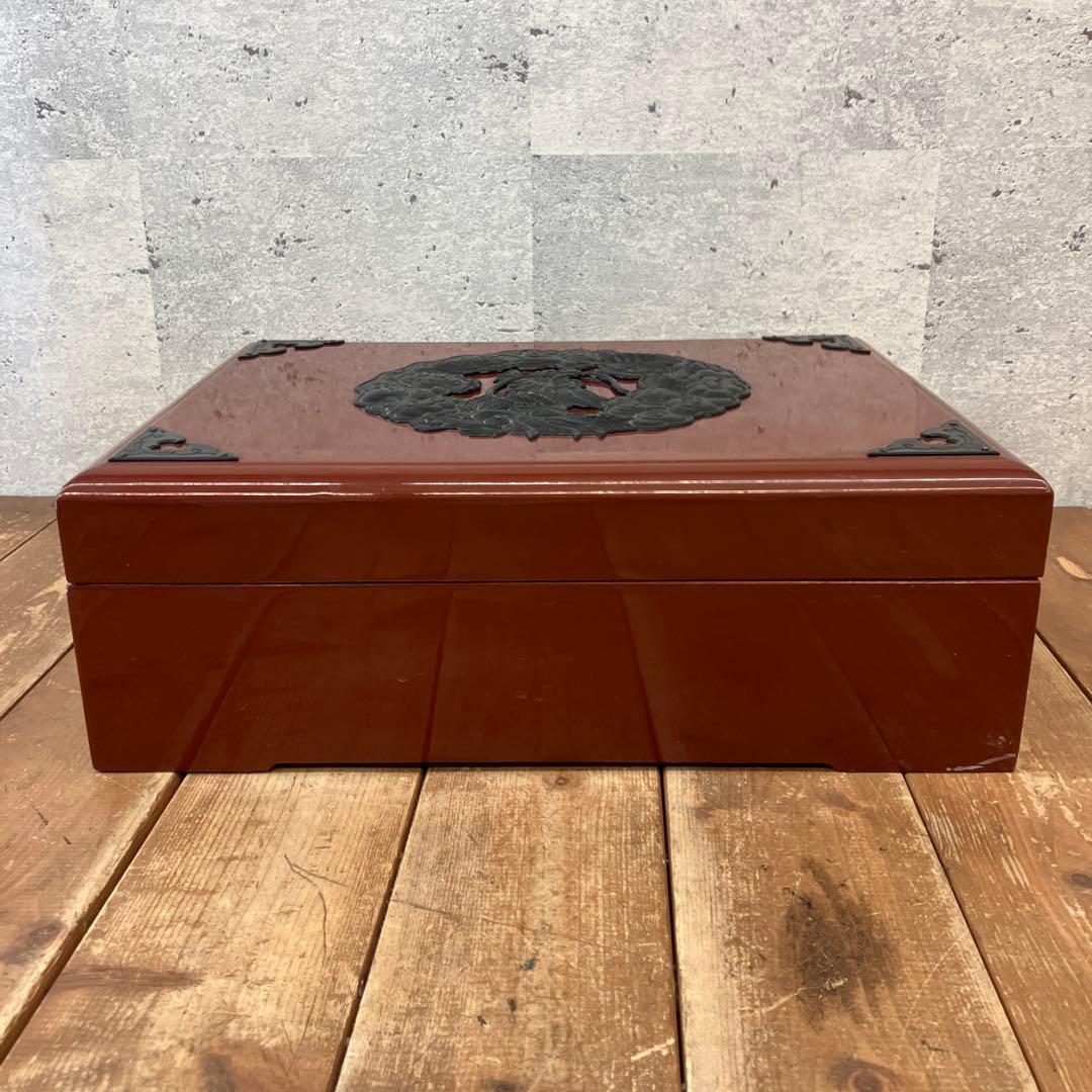 昭和レトロ 仙台箪笥 漆塗り 朱塗 木製 竜金具 文箱 硯箱 習字箱 書類ケース
