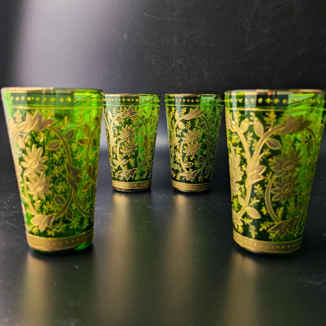 Moser モーゼル 金彩グラス 4個セット エメラルドグリーン アラベスク文様