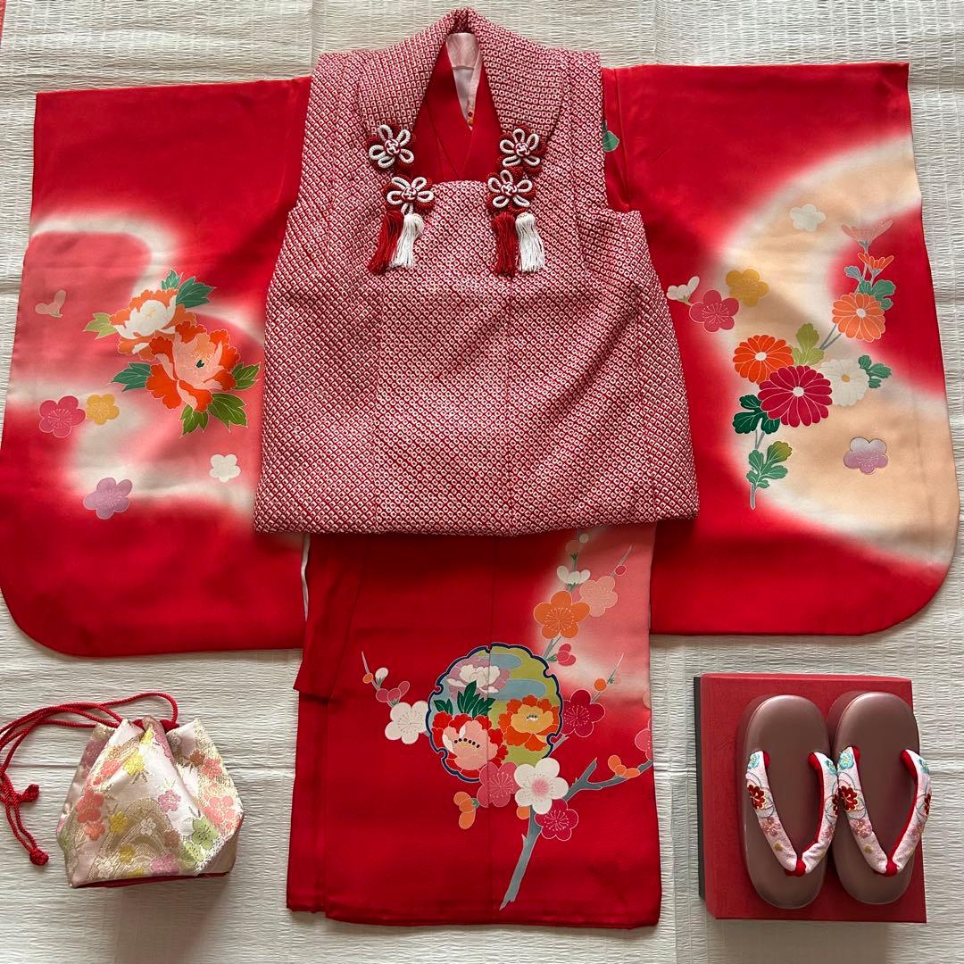 七五三 3歳 総絞り 被布 着物 絹 三歳 赤 草履 753 女の子 友禅染