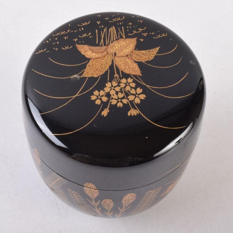 茶道具　黒塗　四季花草蒔絵　棗　共箱　V　8530