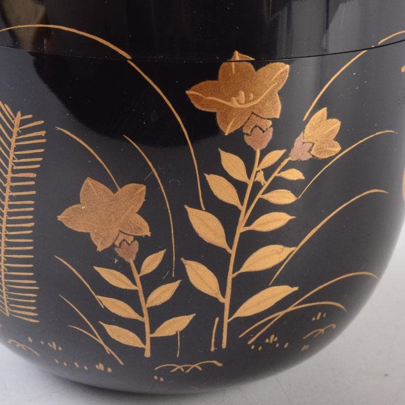 茶道具　黒塗　四季花草蒔絵　棗　共箱　V　8530