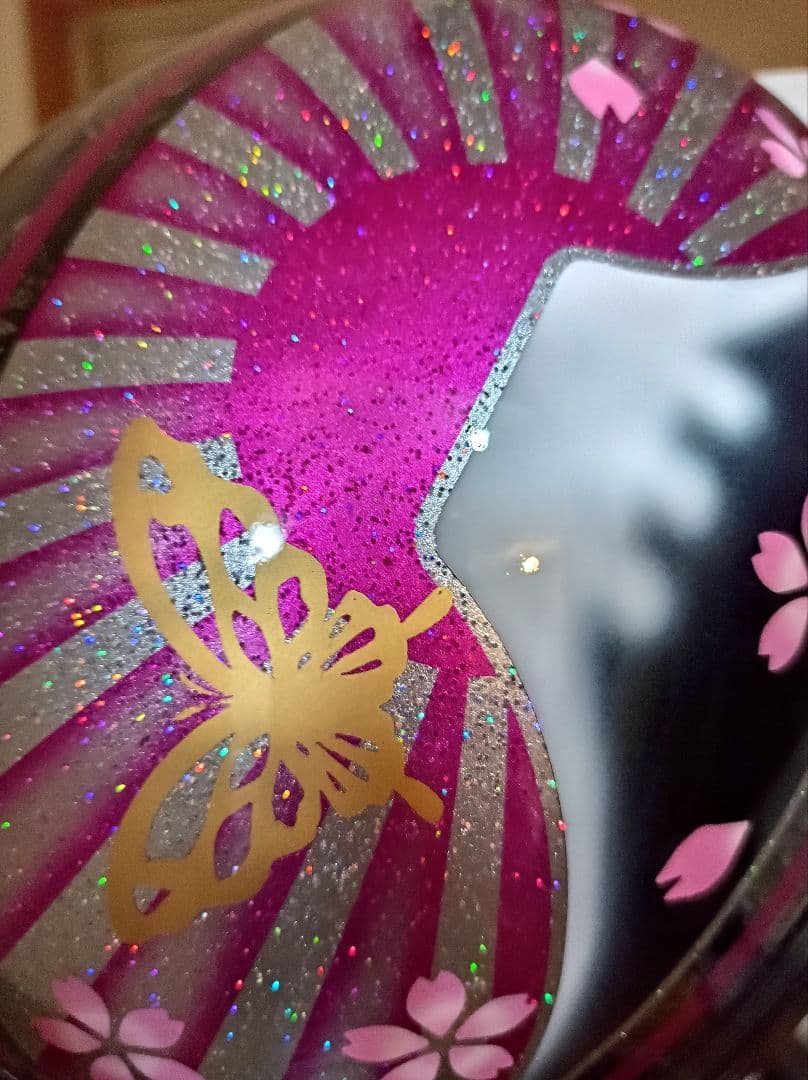 カスタムコルク半　Candyピンク富士日章　七色ラメ　蝶塗装　文字変更無料