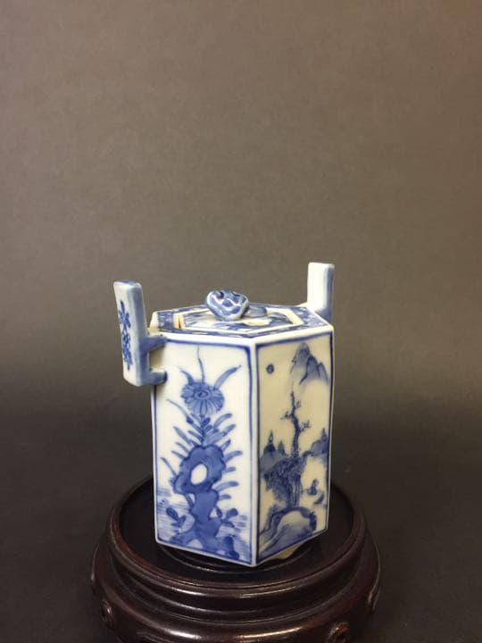 双耳6面三足 山水紋染付香炉  年代物