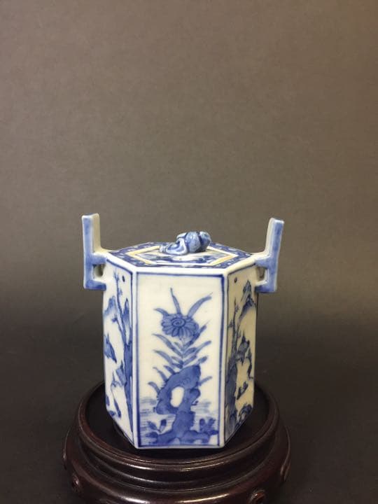 双耳6面三足 山水紋染付香炉  年代物