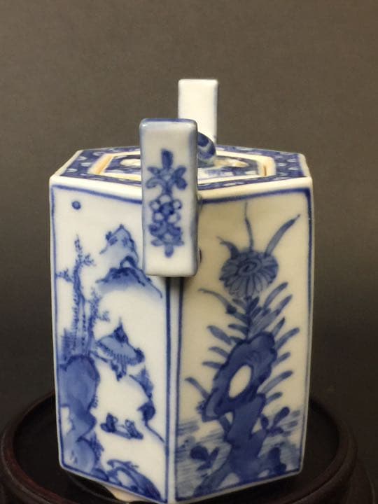 双耳6面三足 山水紋染付香炉  年代物