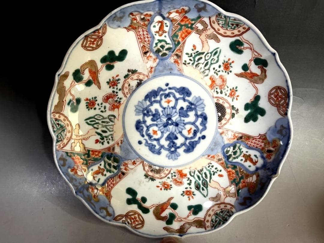 皿■赤絵花弁型窓花鳥紋皿(江戸後期～明治期)鯉 松竹梅 中皿 2枚セット 骨董■