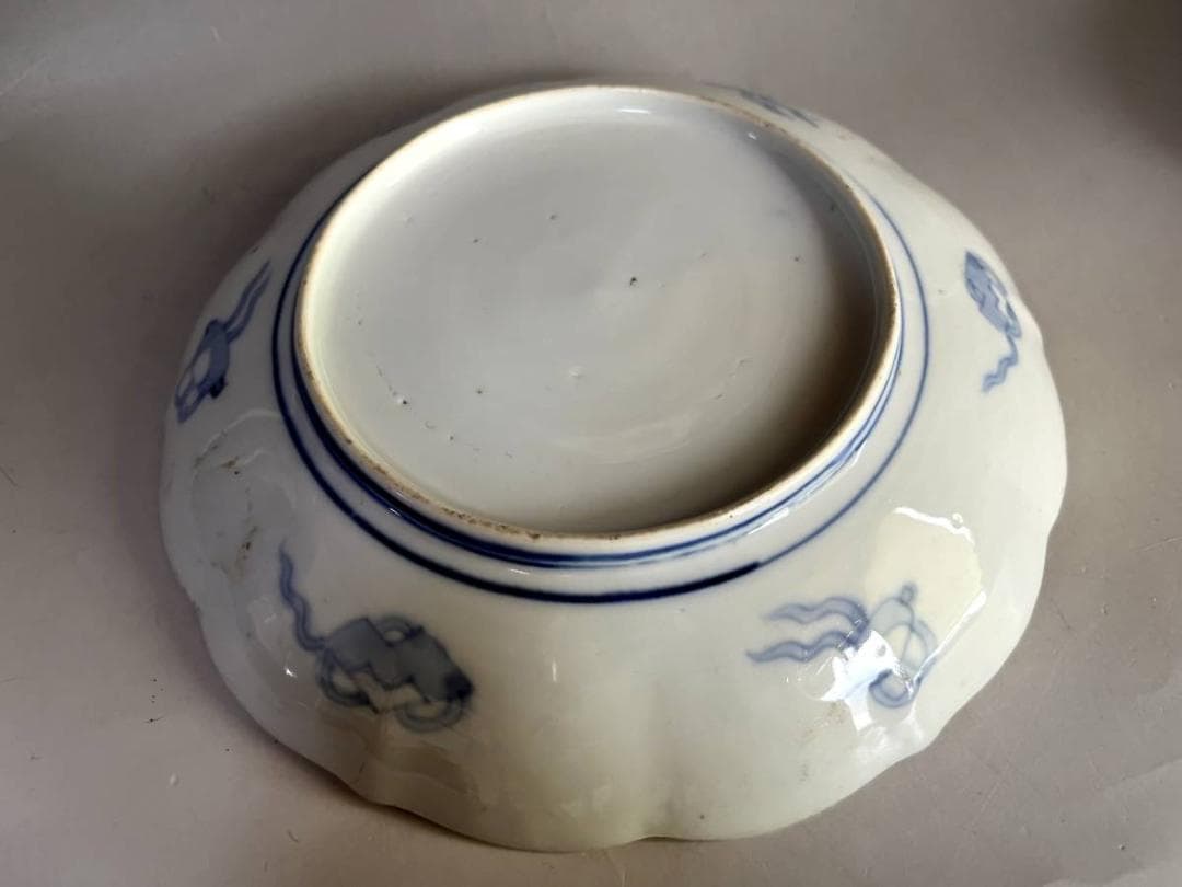 皿■赤絵花弁型窓花鳥紋皿(江戸後期～明治期)鯉 松竹梅 中皿 2枚セット 骨董■