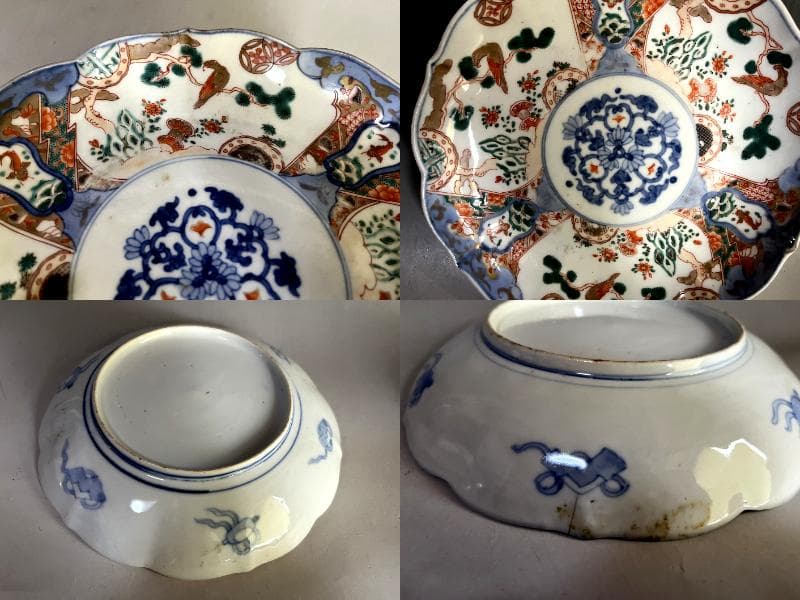 皿■赤絵花弁型窓花鳥紋皿(江戸後期～明治期)鯉 松竹梅 中皿 2枚セット 骨董■