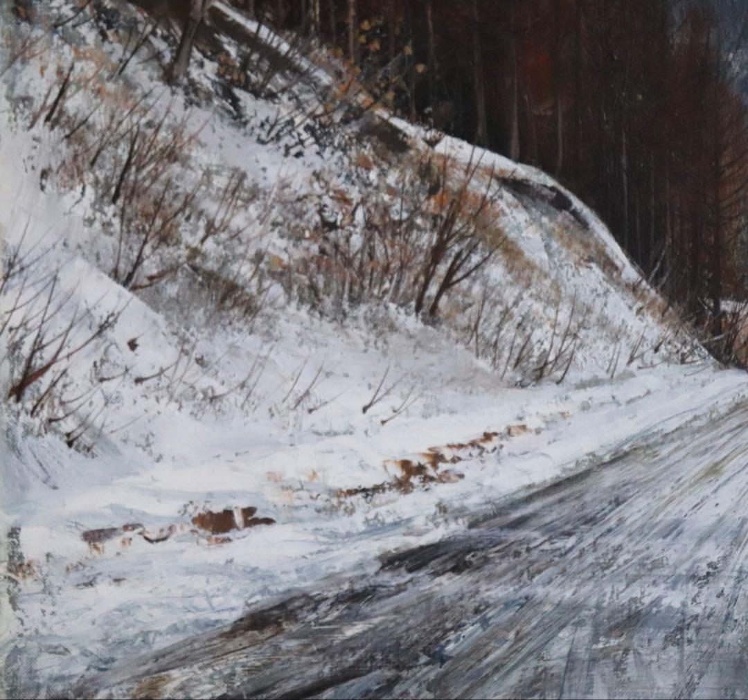 黒澤信男作　雪道の午後　油彩絵　直筆　額装　本人サインあり　箱入　送料込み