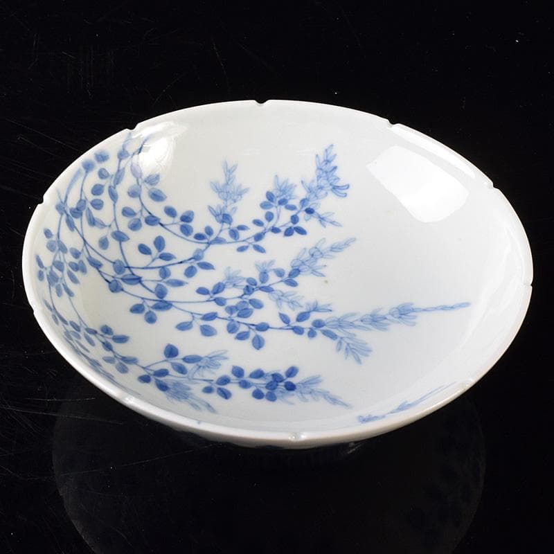 鍋島焼　染付　萩文　五寸皿　輪花皿　時代箱　V　R8110