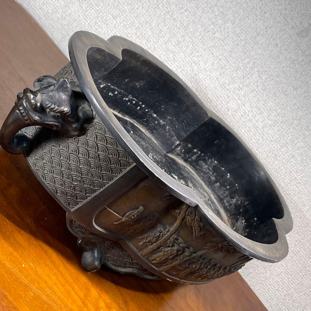 A720⭐︎古銅 高岡銅器 昌雲堂 大名行列象嵌 象耳 水盤 アンティーク