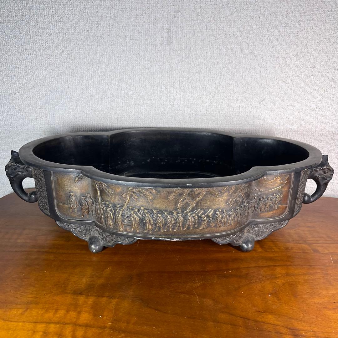 A720⭐︎古銅 高岡銅器 昌雲堂 大名行列象嵌 象耳 水盤 アンティーク