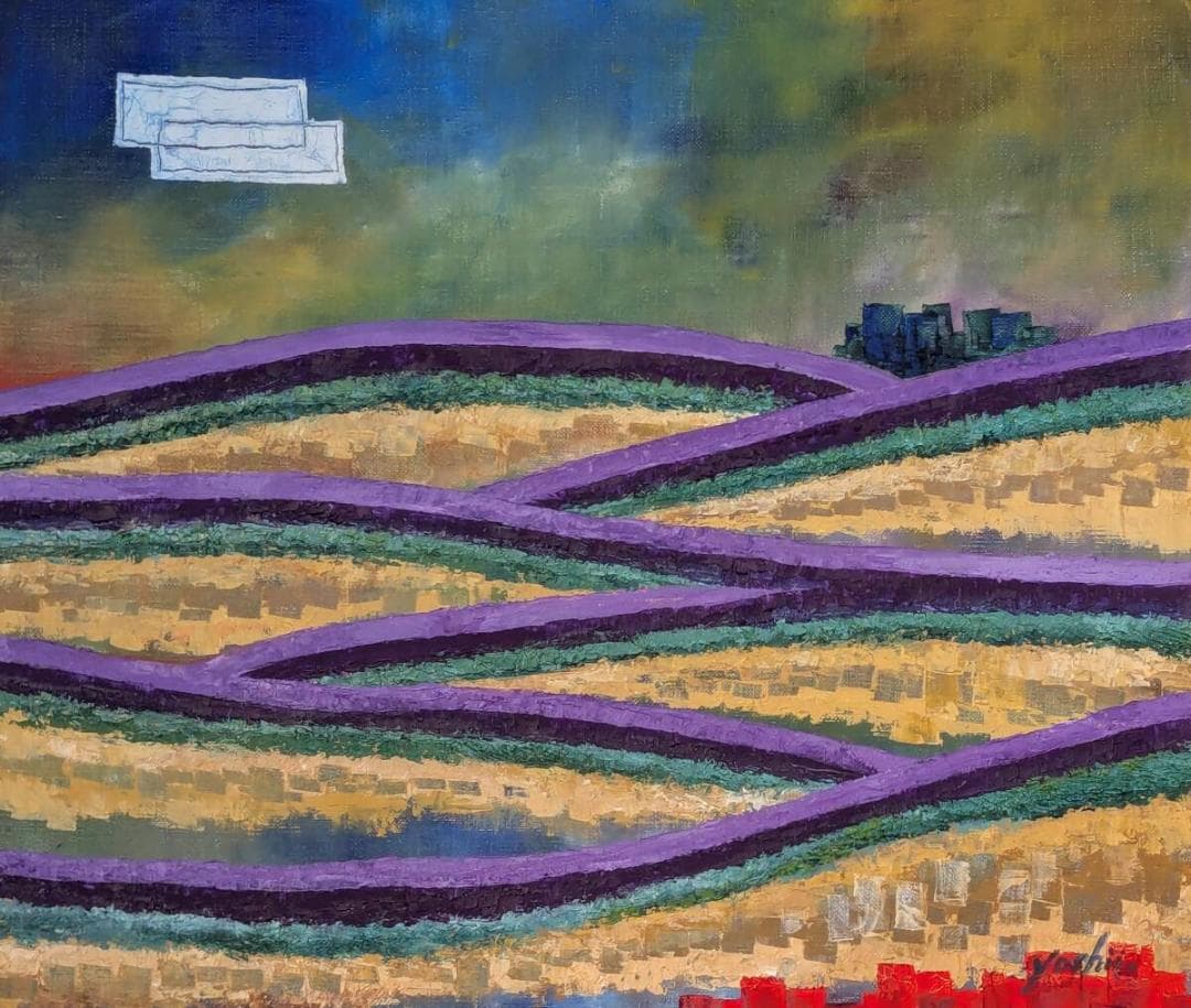 【真作】絵画　村山禧家　油彩10号　ラベンダーの丘　モダンな色面構成　X82