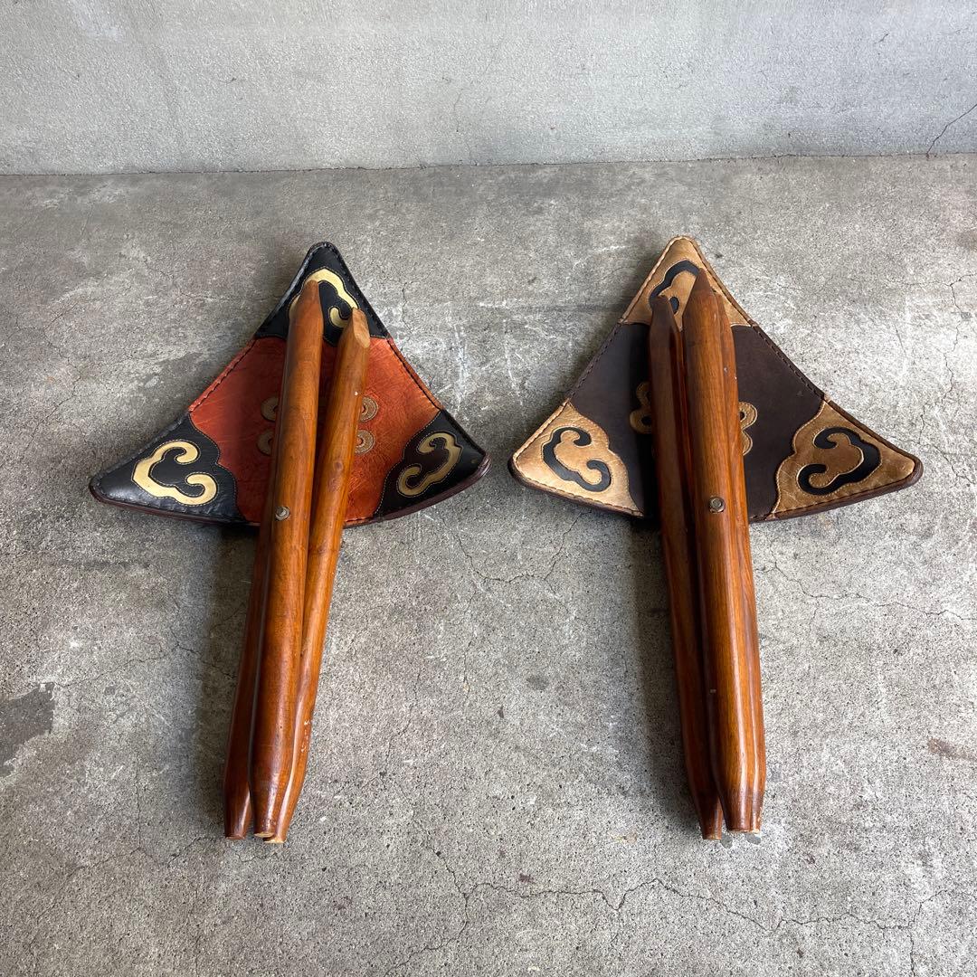 オールドビンテージ　ハンティングチェア　折り畳みチェア　本革　2脚　ハンター