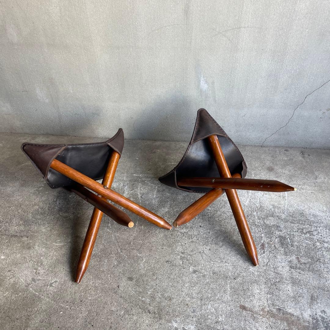 オールドビンテージ　ハンティングチェア　折り畳みチェア　本革　2脚　ハンター