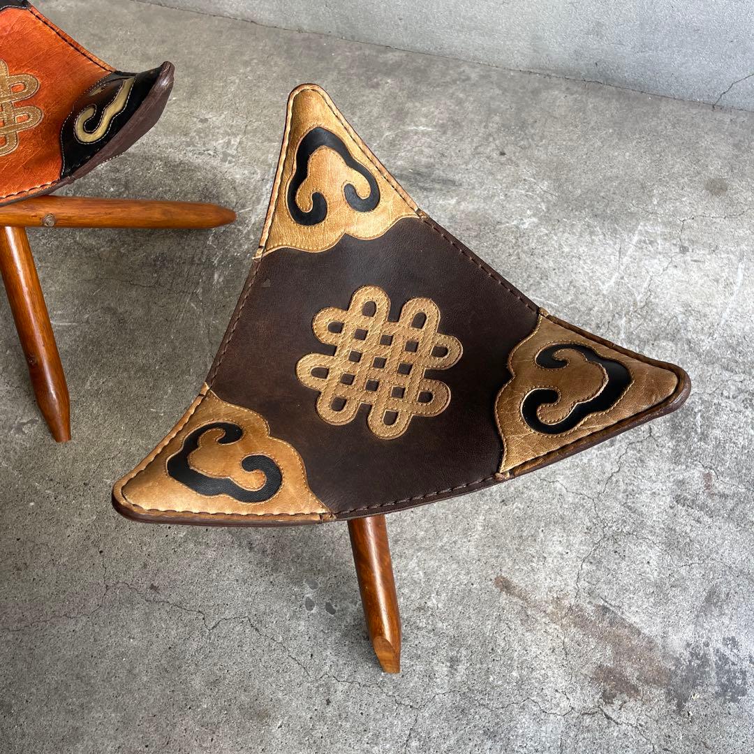 オールドビンテージ　ハンティングチェア　折り畳みチェア　本革　2脚　ハンター