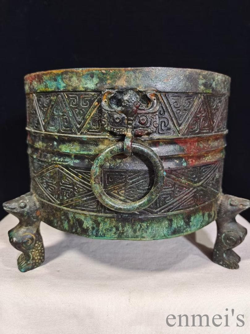 中国古美術【三鳳貯貝倉】漢代青銅銘文器皿 礼器 盛食器 純銅製 高浮彫 置物