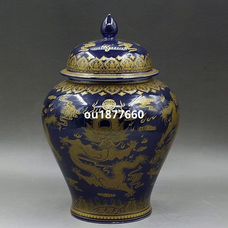 清乾隆宝石藍蒔金竜紋将軍缶 景徳鎮 陶磁器 装飾品 現代工芸品 美術品 置物