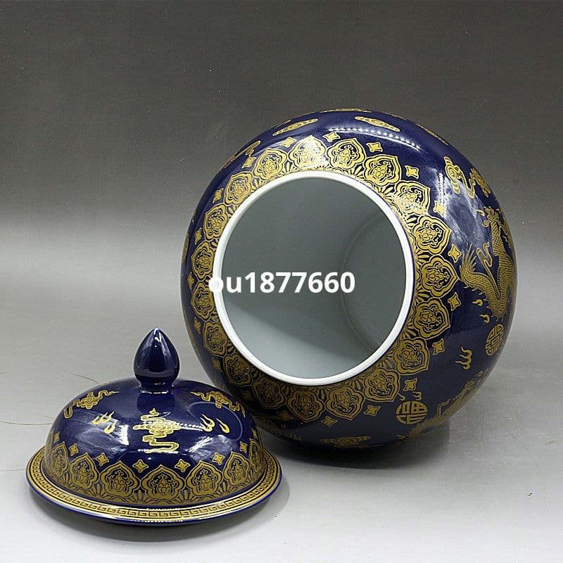 清乾隆宝石藍蒔金竜紋将軍缶 景徳鎮 陶磁器 装飾品 現代工芸品 美術品 置物