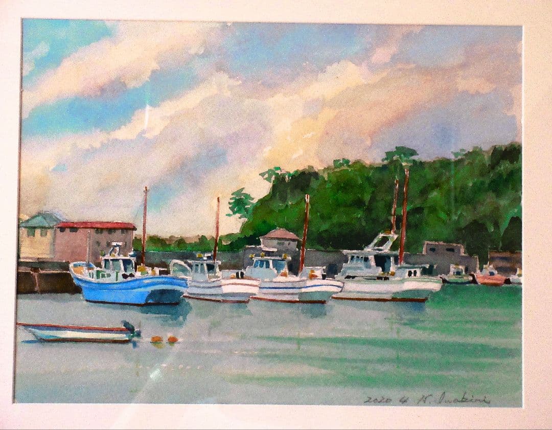 水彩画 港の風景 2020年 原画 F6サイズ 額縁付き