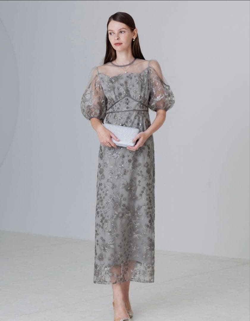 フラワーディテールパフスリーブIラインワンピースドレス結婚式二次会成人式デート